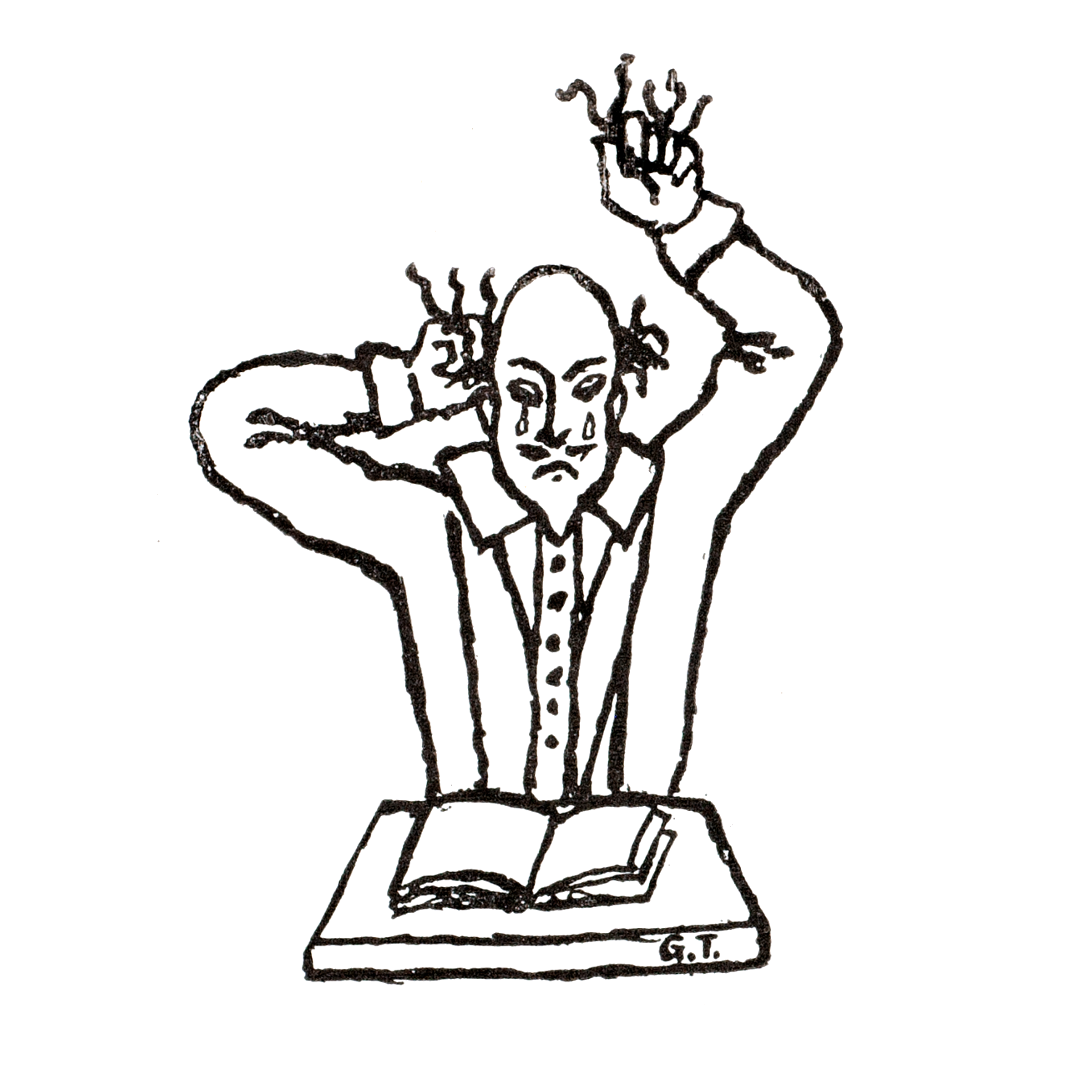 Drawing of Shakespeare tearing his hair out and crying